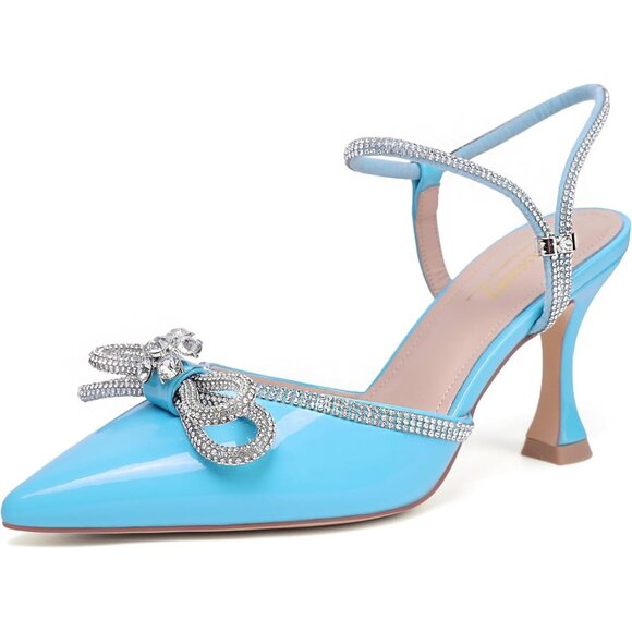 Women's Rhinstone Light Blue Adjustable Strap Bow Closed Pumps Heeled Shoes - Picture 1 of 9
